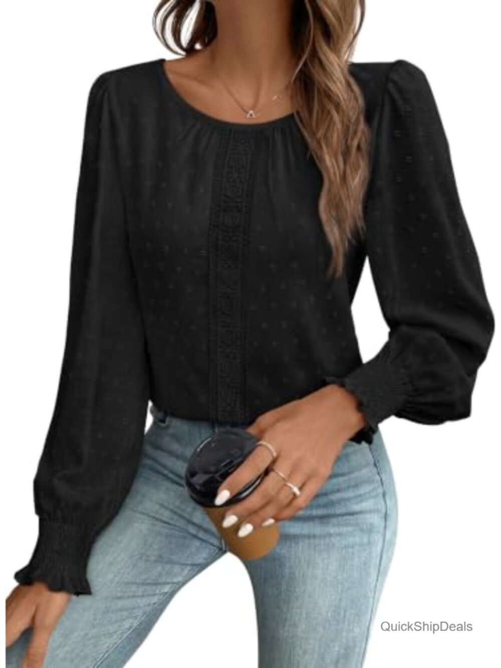 Swiss Dot Blouse Crochet Lace Pom Pom Puff Sleeve Womens Dressy Top